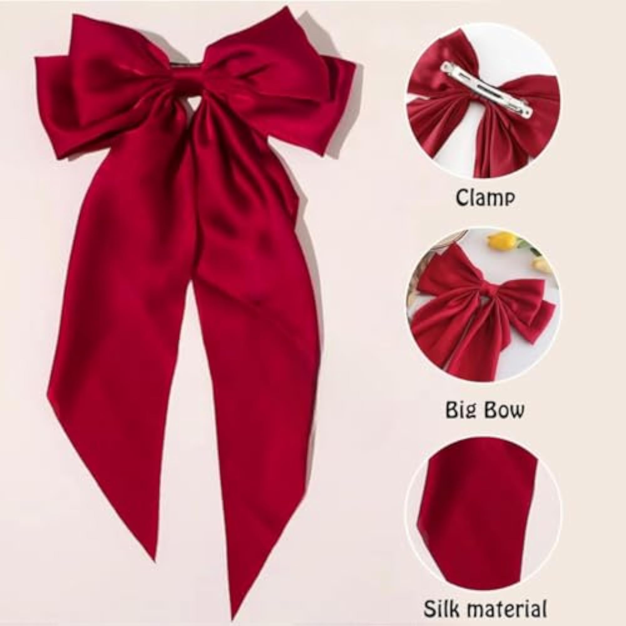 Large Satin Silky Hair Bow Clips for Women, 1 Pc